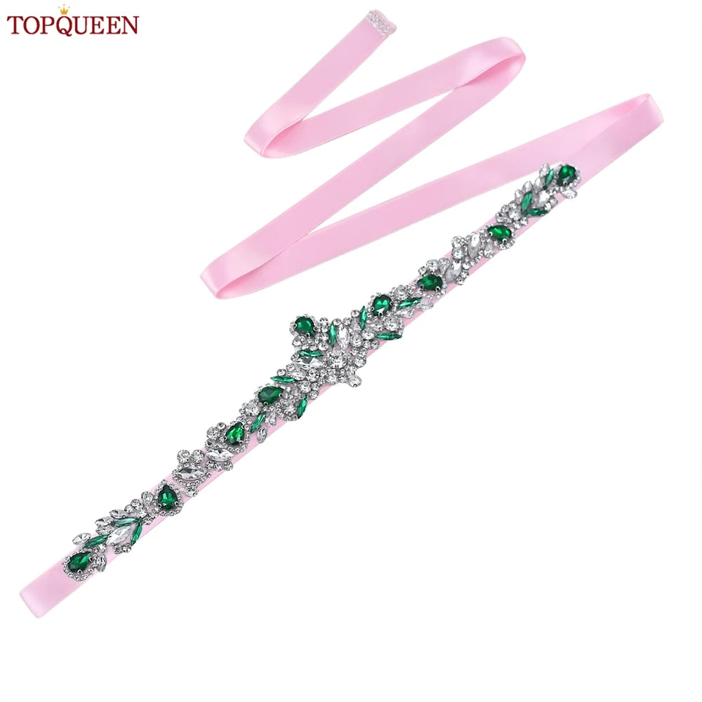 TOPQUEEN S462-KL Rhinestone Bridal Belt Wedding With Green Diamond Wedding Dress Accessories Belt Sash Party Women Dress Belt