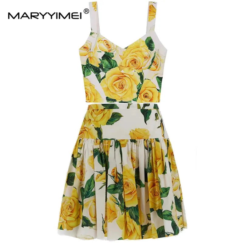 MARYYIMEI Fashion Women's New Beach Style Spaghetti Strap Chest Wrapping Woven Cotton printed Top+Mini Half Skirt 2-Piece Set