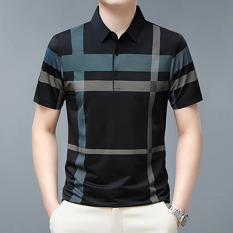 Men's Polo Shirts Korea Man Golf Shirts Summer Striped Print Button Clothing Business Style Male Streetwear Short Sleeve T-Shirt