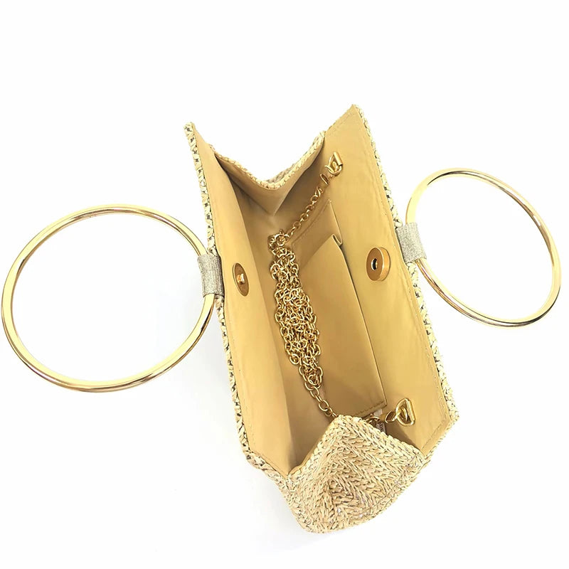 Straw Tote Handbags for Women Trend Summer Beach Woven Purses with Metal Circle Top Handle Ladies Shoulder Messenger Bags