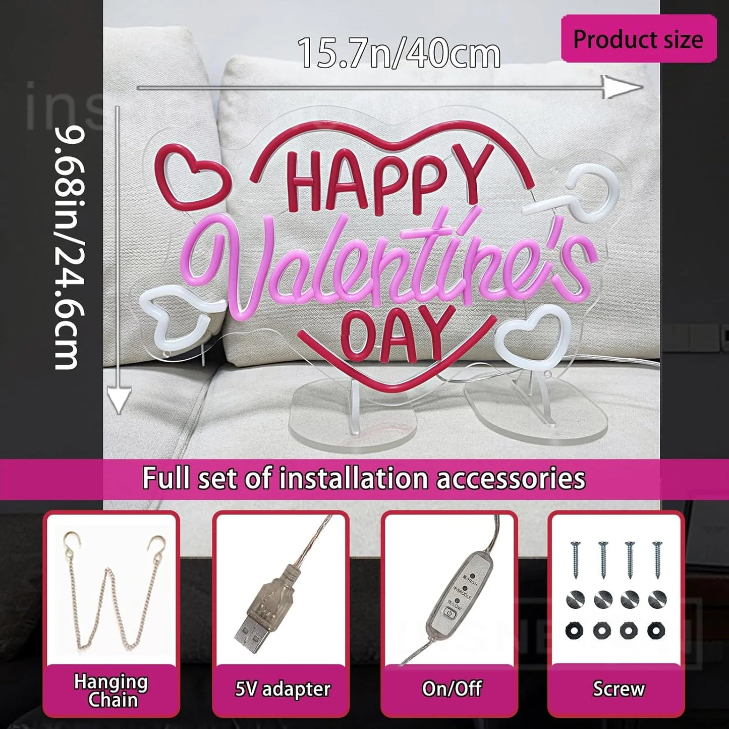 Happy Valentines Day Neon Sign for Room Decoration,Neon LED Lights Signs for Bedroom Wall Decor,Home,Wedding,Gaming,Bar,Custom