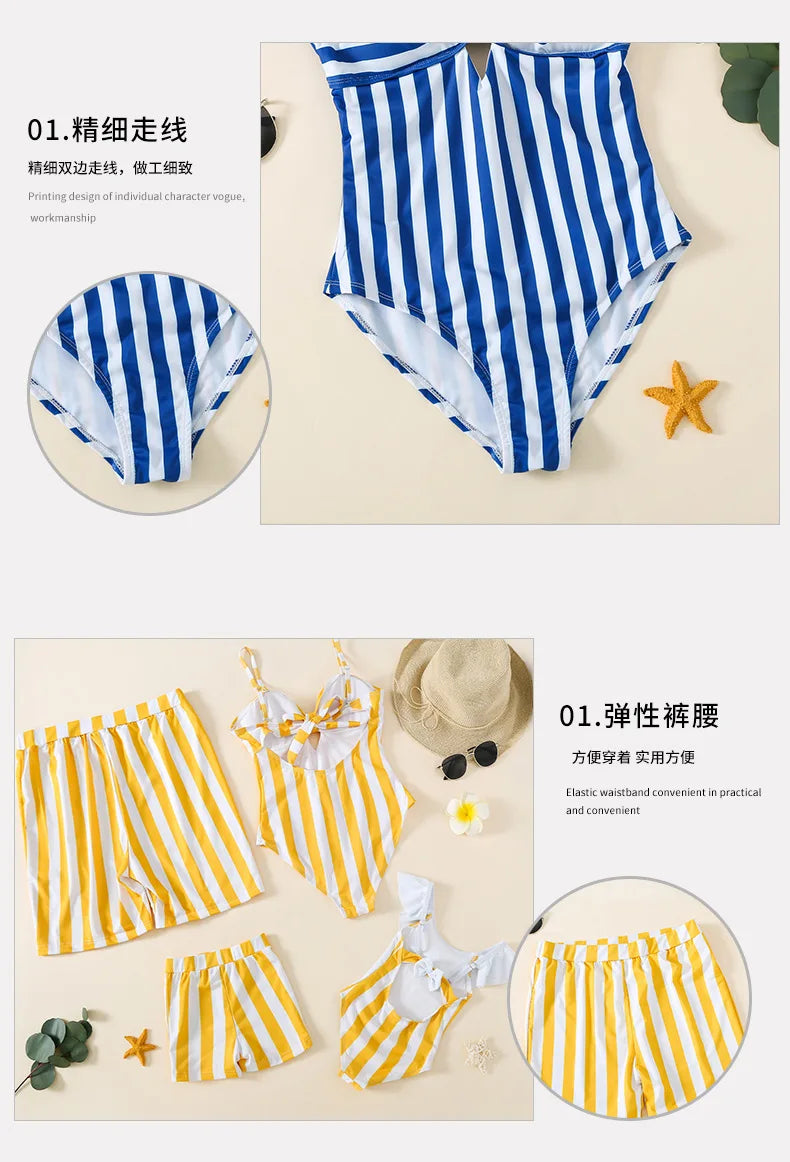 Family Swimwear Striped Mommy and Me Swimsuit Mother Daughter Bikini Family Mtching Clothes Dad Son Swim Trunks Beach Shorts