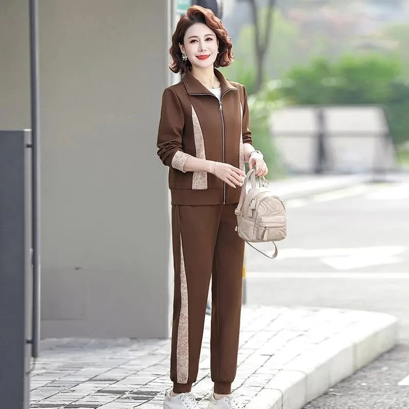 Women Clothes Solid Loose Sports Suit 2025 Spring Autumn Leisure Sportswear Middle-aged Temperament Age Reduction Two-piece Sets