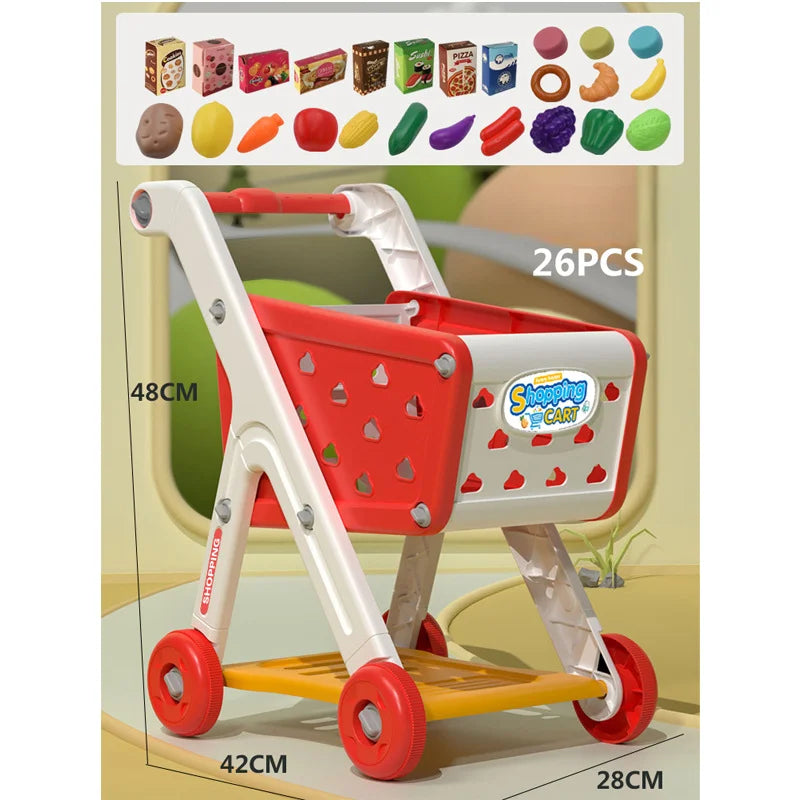 WizKidz Kids Shopping Cart Toy Grocery Trolley With Pretend Play Food Set Supermarket Playset Accessories For Toddlers Aged 3+