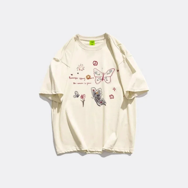 2025 New Arrival clothes Simple Style Women's Summer Loose Casual Round Neck Niche Top T-Shirt Print Butterfly Ladies Clothes T-shirts