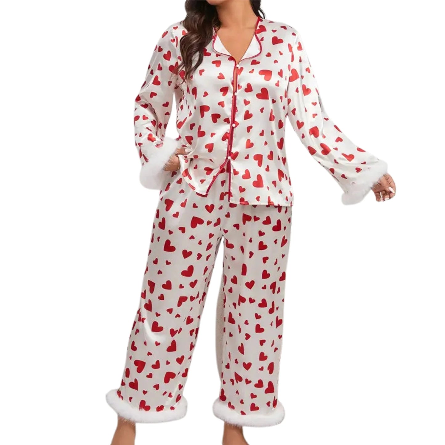 Women s Valentine s Day Lounge Set Long Sleeve Button Up Heart Print Tops Pants Sleepwear Sets
