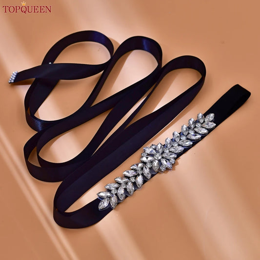 TOPQUEEN Wedding Dress Belt Sash Banquet Party Accessories Bridal Belt Silver Rhinestone Handmade Applique S69