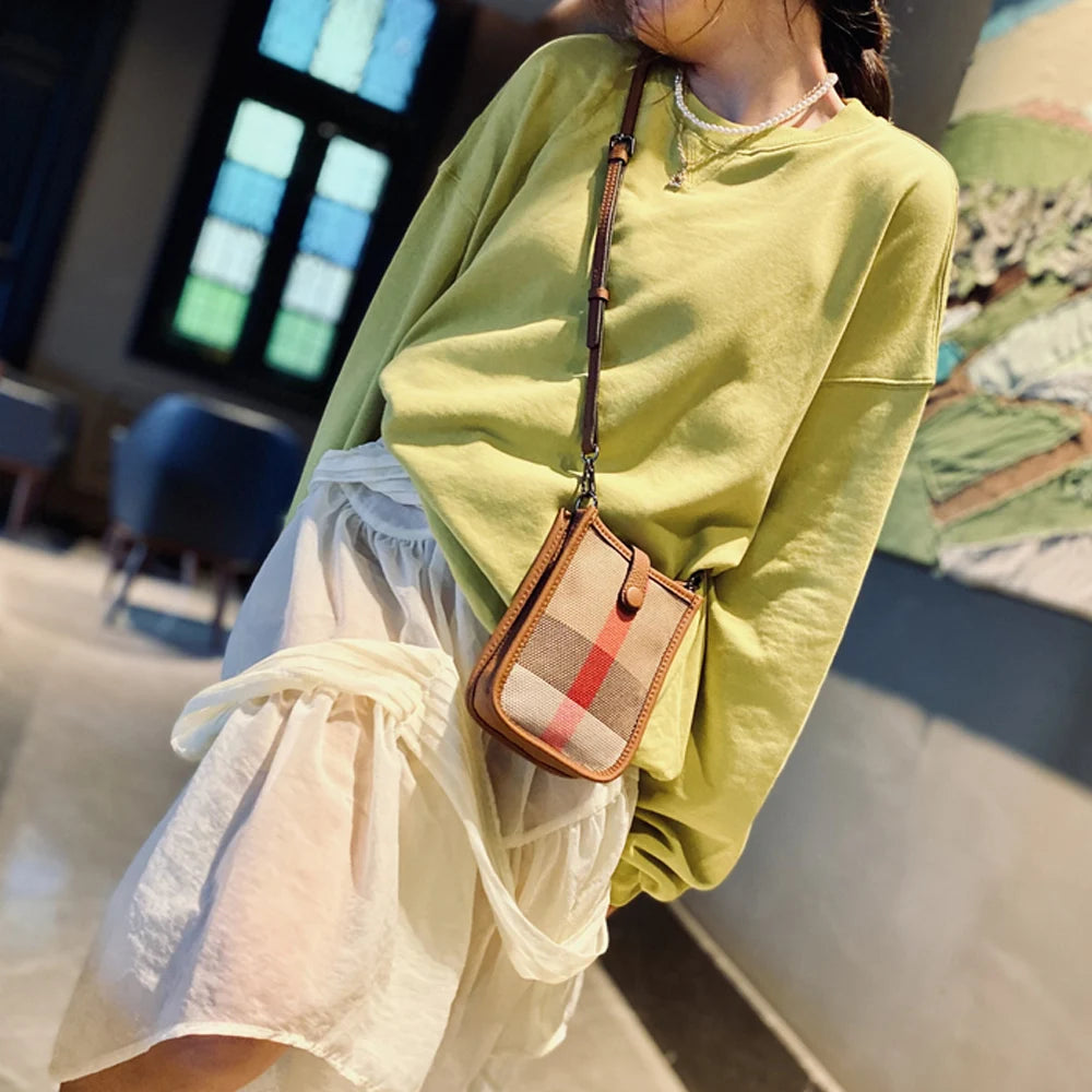 Small Women's Bag Luxury Stripes Check Canvas Leather Mobile Phone Crossbody Bag Retro Mini Female Sling Purse And Handbag