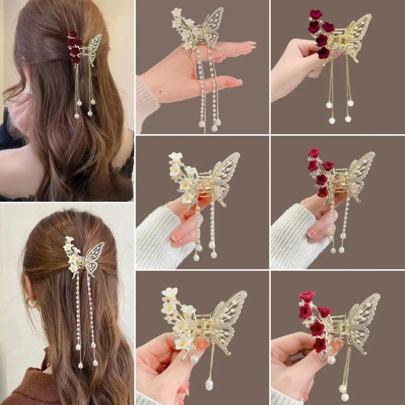 Exquisite Rhinestone Butterfly Fringe Hair Claw Clips Korean New Ponytail Braid Pearl Hairpin Girl Crab Metal Headdress Gift