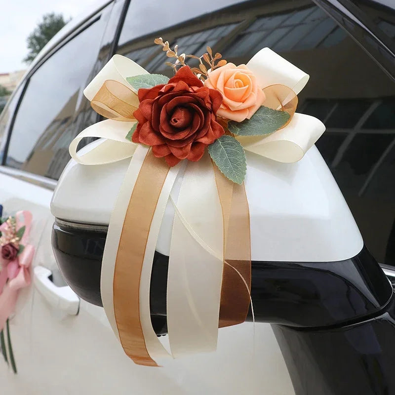 1PC Wedding Car Rearview Mirror Decoration Flower Door Handle Bow Decoration Retro Simulation Flower Wedding Chair Back Flower