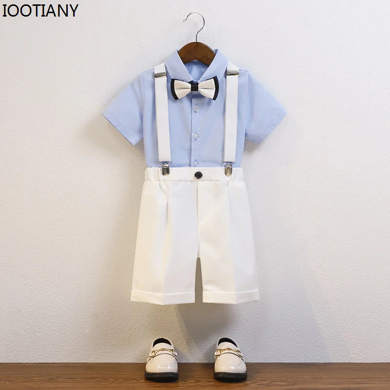Kids Formal Strap Shirt Shorts Bowtie Clothing Set Boys Summer Wedding Birthday Dress Children Piano Performance Dance Costume !!!