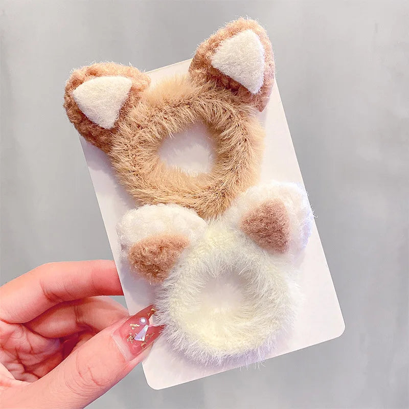 2pcs Women Girls Cute Antlers Cat Ears Plush Elastic Hair Bands Winter Sweet Hair Decorate Scrunchie Hair Ties Hair Accessories