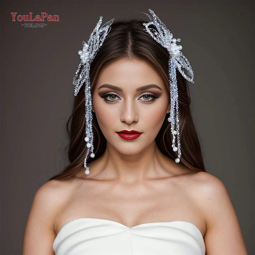 YouLaPan 2 Pce Butterfly Shape Hair Chip Handband Handmade Crystal Tassel Bride Headwear Shiny Wedding Hair Accessories HP694