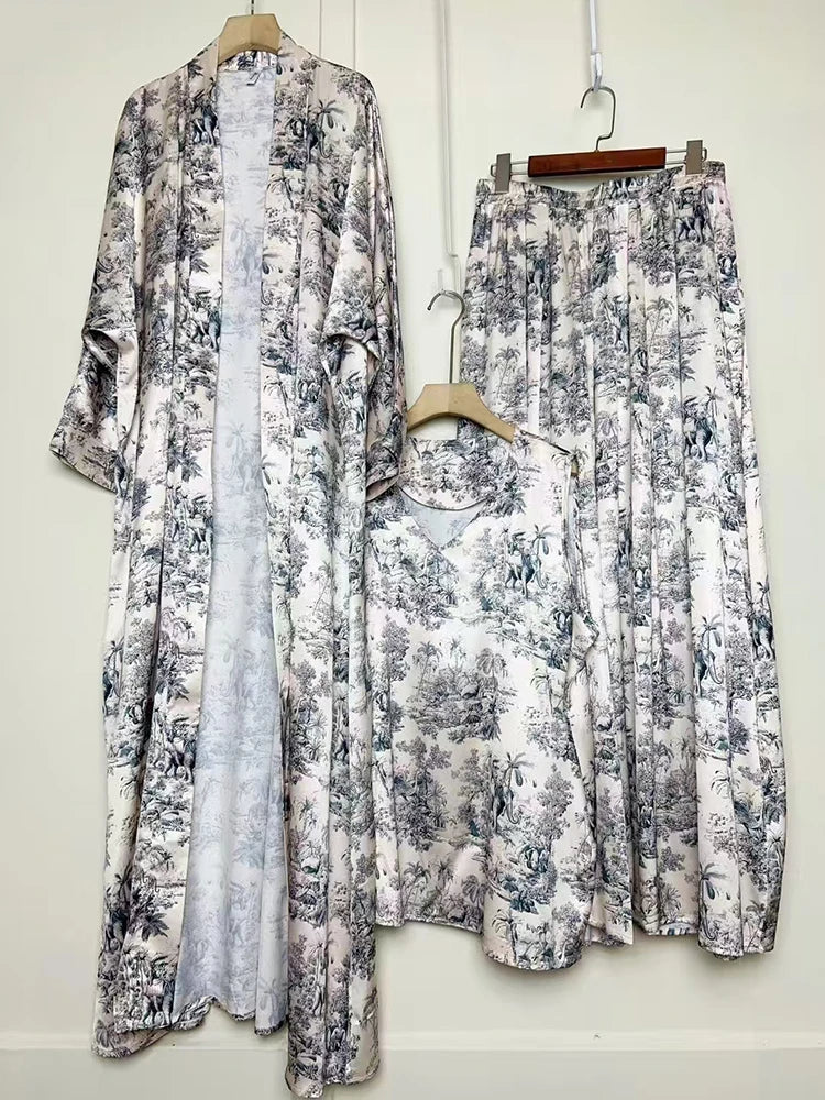 Retro geometric print loose cardigan three-piece set 2025 spring women's new pullover vest + draped loose culottes fashion suit