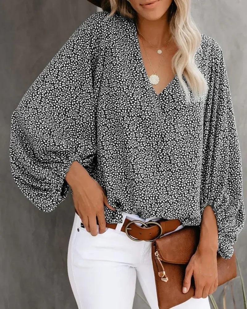 2025 Women's clothes New Arrival Hot Selling Spring And Summer V-neck Casual Printed Lantern Sleeve Shirt Ladies Clothes Fashion Shirts
