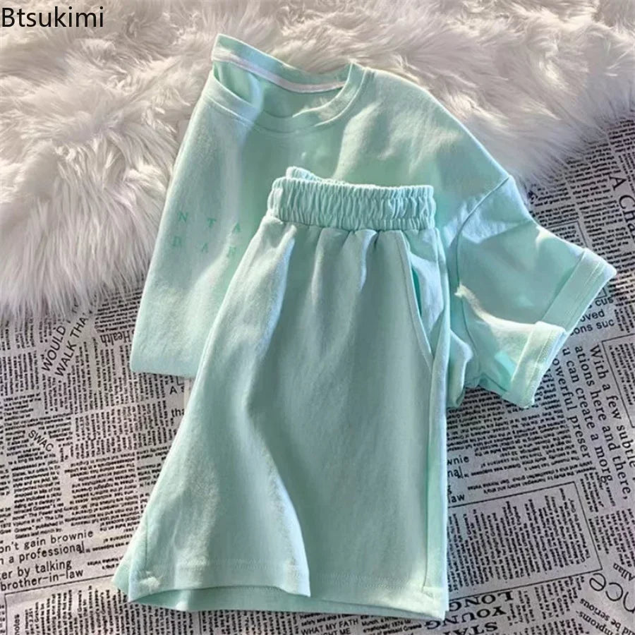2025 Summer Women Shorts Sets Casual Two Pieces Short Sleeve T Shirts and High Waist Short Pants Solid Outfits Tracksuit 2PCS