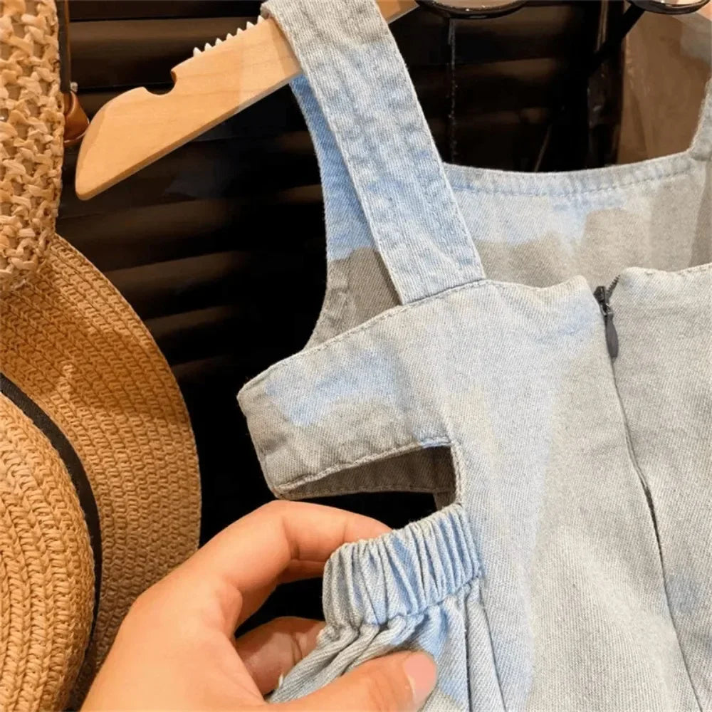 2-7 Years Old Blue Hollowed Out Denim Square Neck Camisole Dress Solid Color Korean Kids Clothes Summer New Girls Casual Dresses