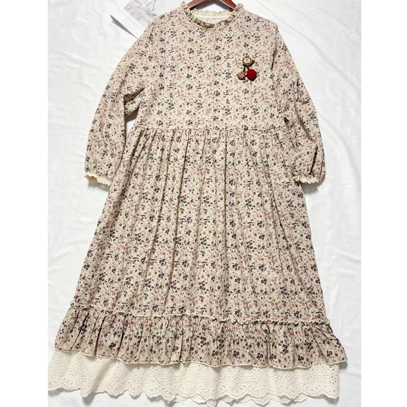 Japanese Fashion Print Dress Pretty Cotton Linen Spring Women New Floral Loose Long-sleeved Dress Midi Vestido de Mujer Clothes clothes