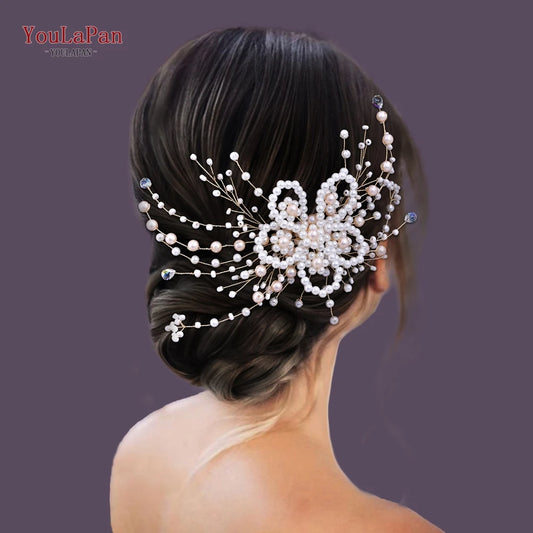 YouLaPan Pink Pearl Bride Gold Color Hair Comb Handmade Pearl Flower Wedding Hair Accessories Hair Decoration For Girl HP723