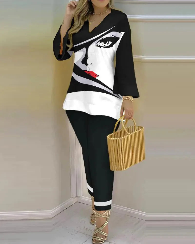 2025 Ladies' Checkered Print Suit Summer Long Sleeve V-neck Polyester Printing Two Pieces Sets Top And Long Pant Clothes Women