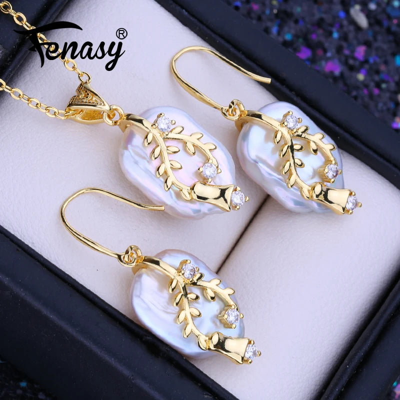 FENASY Natural Freshwater Big Baroque Pearl Jewelry Sets 18K Gold Plated Pendant Necklaces Wedding Drop Earrings Gifts For Women