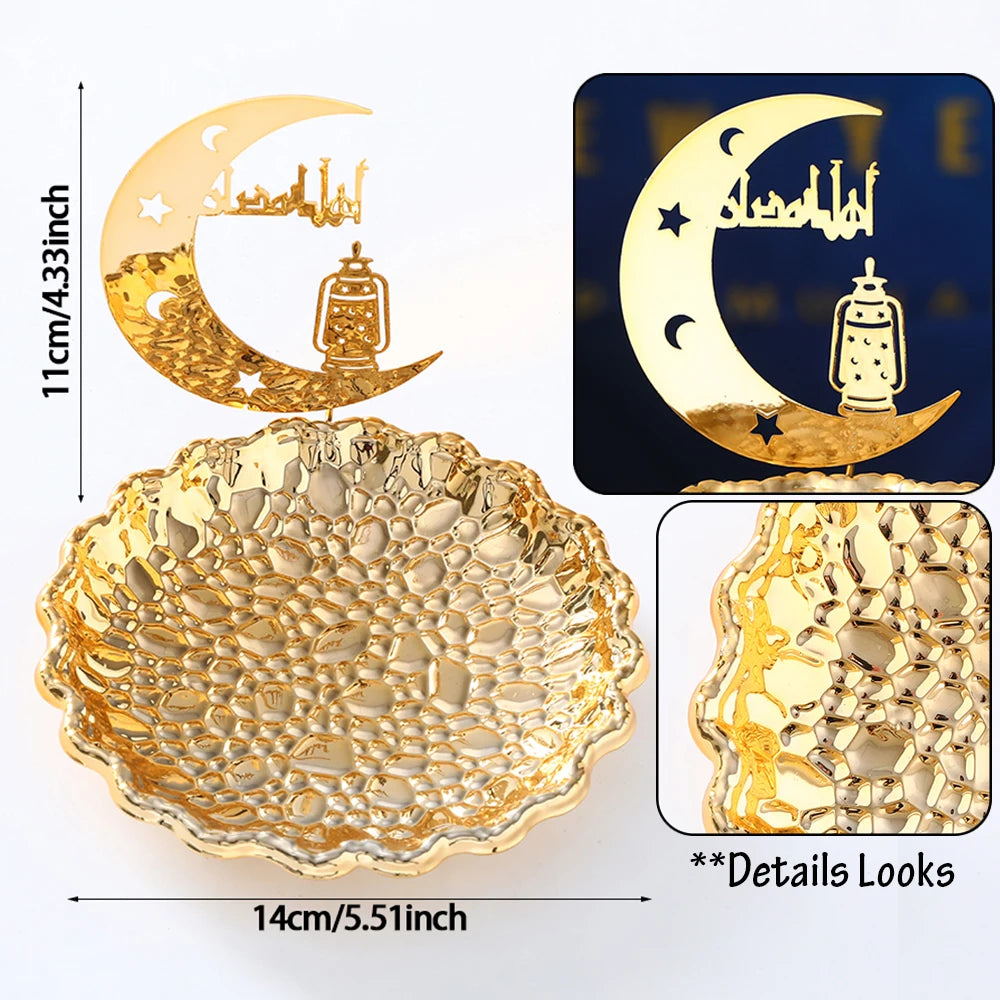 Gold Metal Ramadan Food Tray Eid Mubarak Dessert Fruit Plate Ramadan Decoration Islamic Muslim Festival Decor Gift Jewelry Plate
