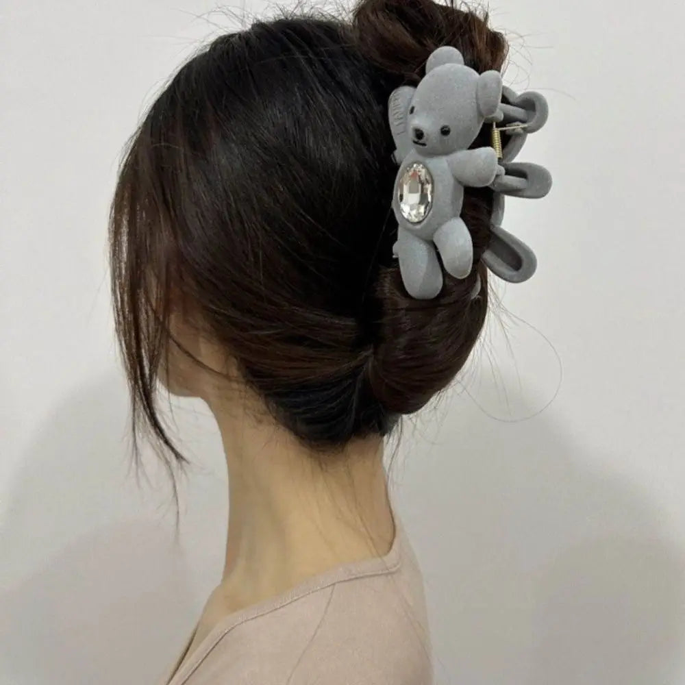 Creative Flocking Cute Bear Hair Claw Hair Clip Shark Clip Shark Grab Clip Rhinestone Headwear Back Head Hair Clip Travel