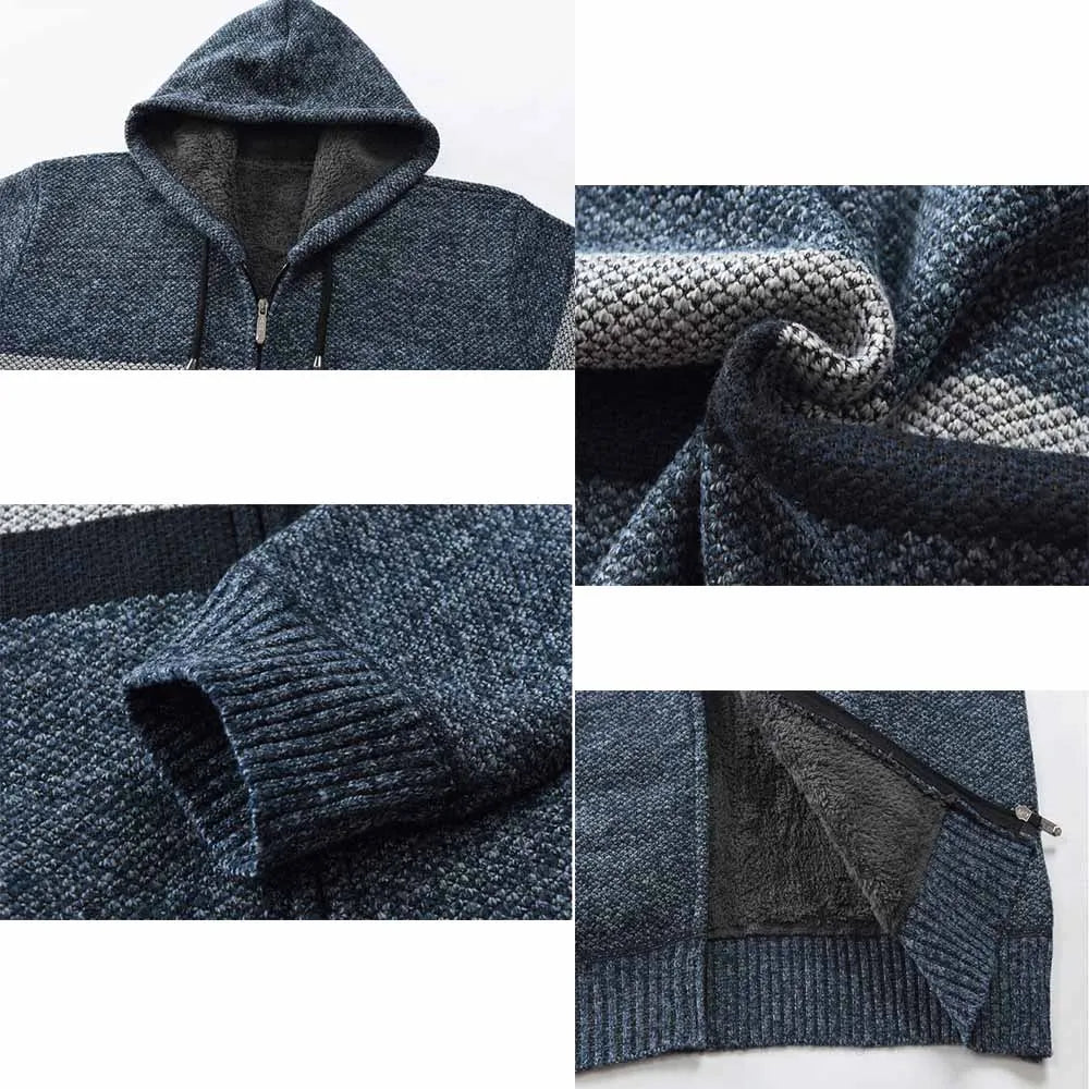 Men's Striped Sweater Coat Thick Fleece Warm Zipper Wool Hooded Cardigan Jumpers Men Long Sleeve Knitted Sweaters