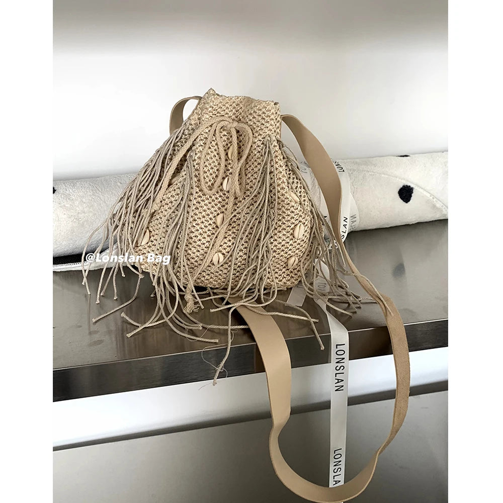Tassel Shell Straw Bag Summer Bucket Bags for Women Wide Strap Shoulder Bag Bohemian Rattan Beach Bags Purses and Handbags Chic