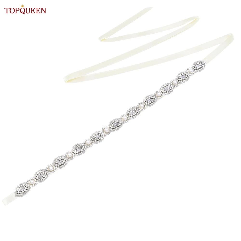 TOPQUEEN Bridal Belt Pearls Crystal Decoration Sash for Women Ladies Wedding Evening Party Dress Gown Applique Handmade S435