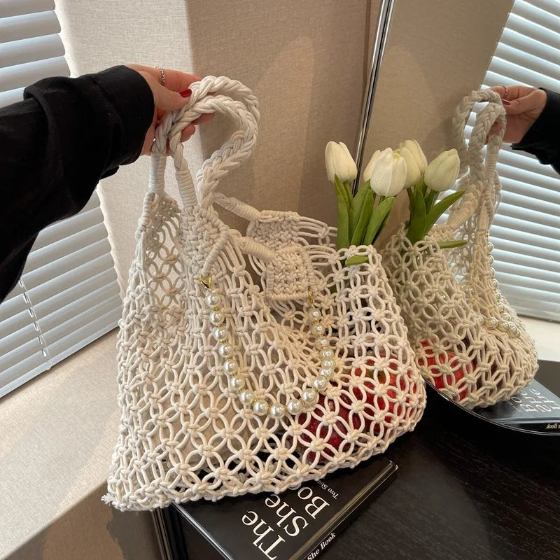 Straw Hobo Beach Bag Designer Luxury Bags Woman 2025 Pearl Purse Woven Tote Handbag Summer Vintage Foldable Handbag for Travel