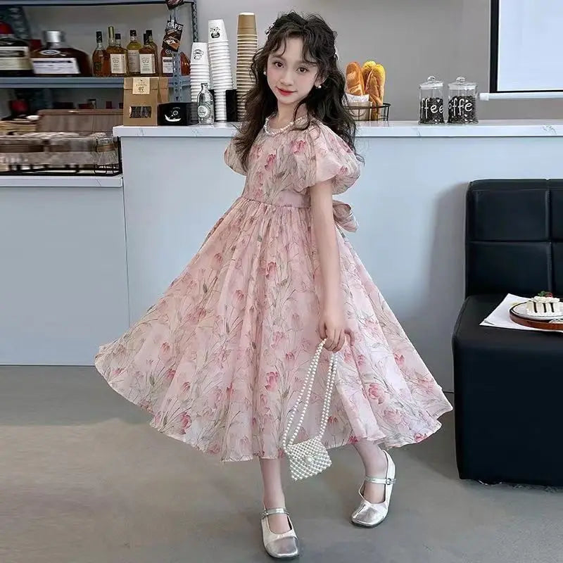 Kids Summer Dress Floral Pattern Girl Party Dress Chinese Style Kids Dress Summer Clothes Girl 6 8 10 12 Years Girl Clothes Park