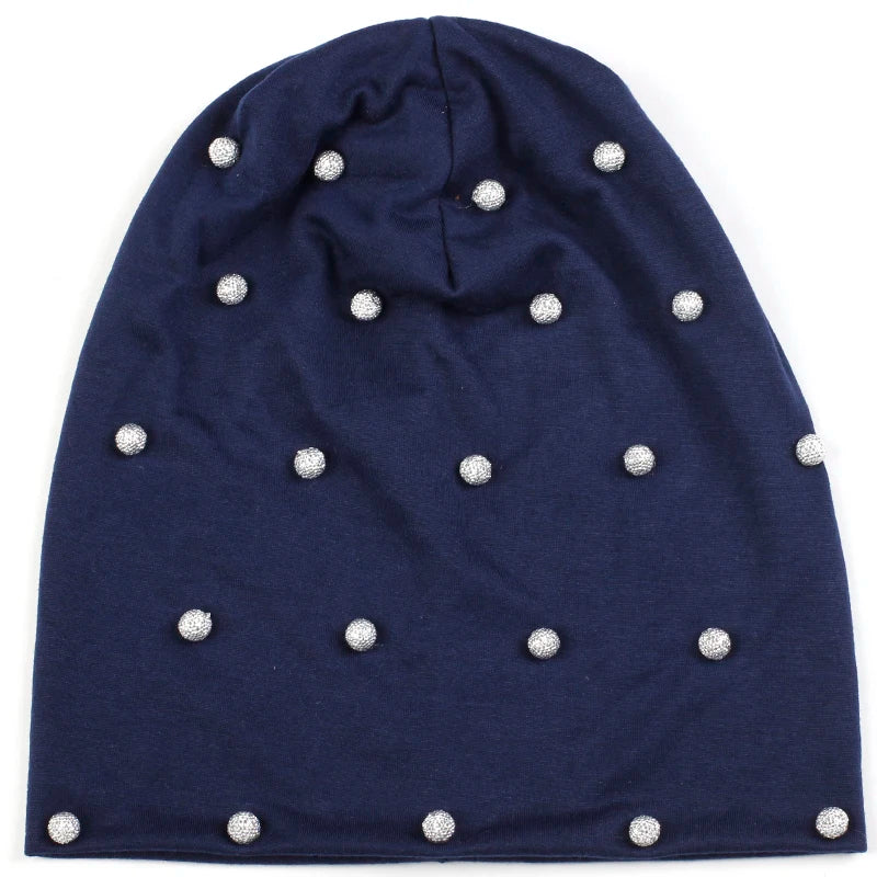 Geebro Women Spring Autumn Warm Soft Beanies Cotton Solid Color Fashion Skullies Hats With Silver Beads Accessories Caps Bonnet