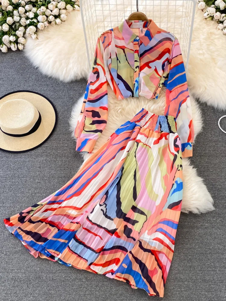 SHENGPALAE 2024 Summer New Women 2 Piece Set Printed Mid Sleeve Shirt And Large Swing Skirt Loose Fashion Female Clothes 5C7427