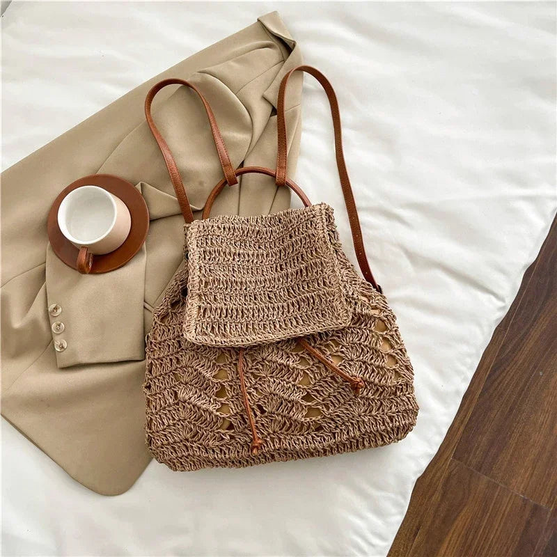 Handmade Woving Women's Backpack Beach Shoulder Bag For Ladies Designer Straw Handbag Travel Anti Theft Backbag Crossbody Purse