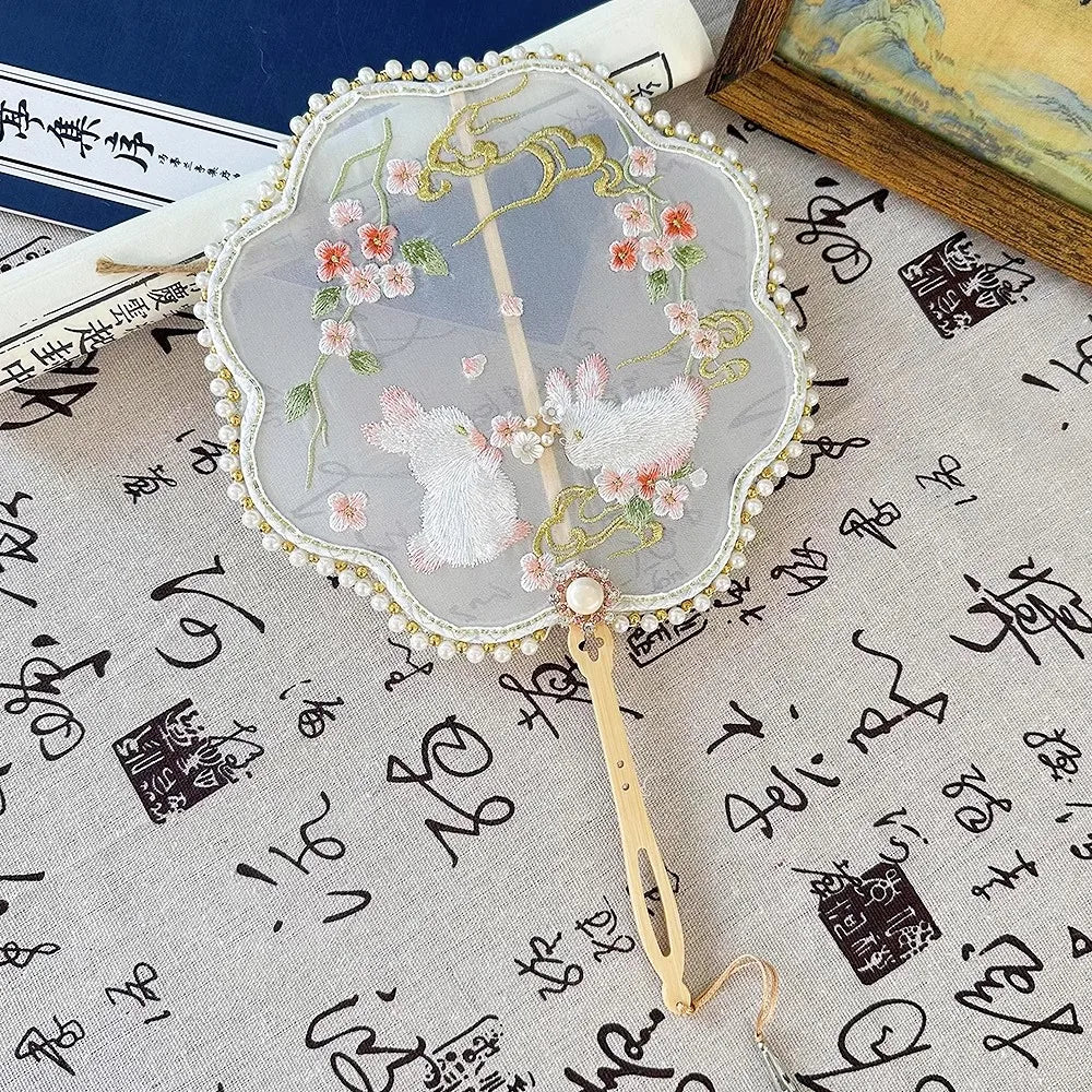 JaneVini Delicate Embroidery Flowers Rabbit Wedding Bride Fan Handmade Hanfu Xiuhe Bridal Fan Bouquet Accessories Handicraft