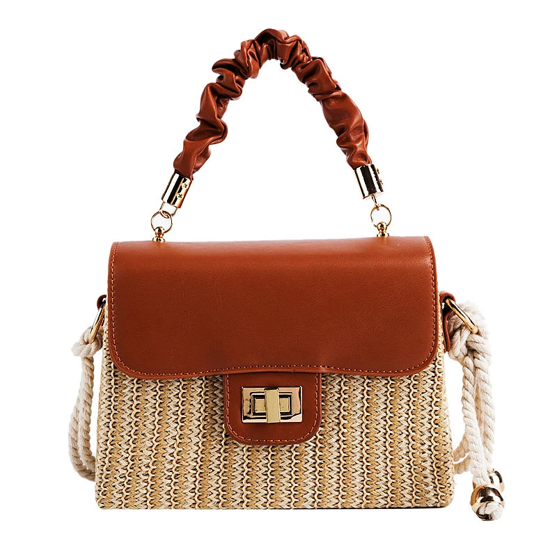 Straw Beach Bag for Women Summer Pleated Handle Luxury Designer Bag Contrast Color Crossbody Purse and Handbag Lady Bolsos