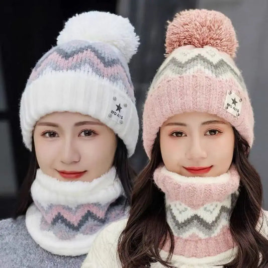 Cycling Plus Velvet Beanies Hat Ear Protection Windproof Hat Scarf Set Thick Warm Knit Skull Cap Women