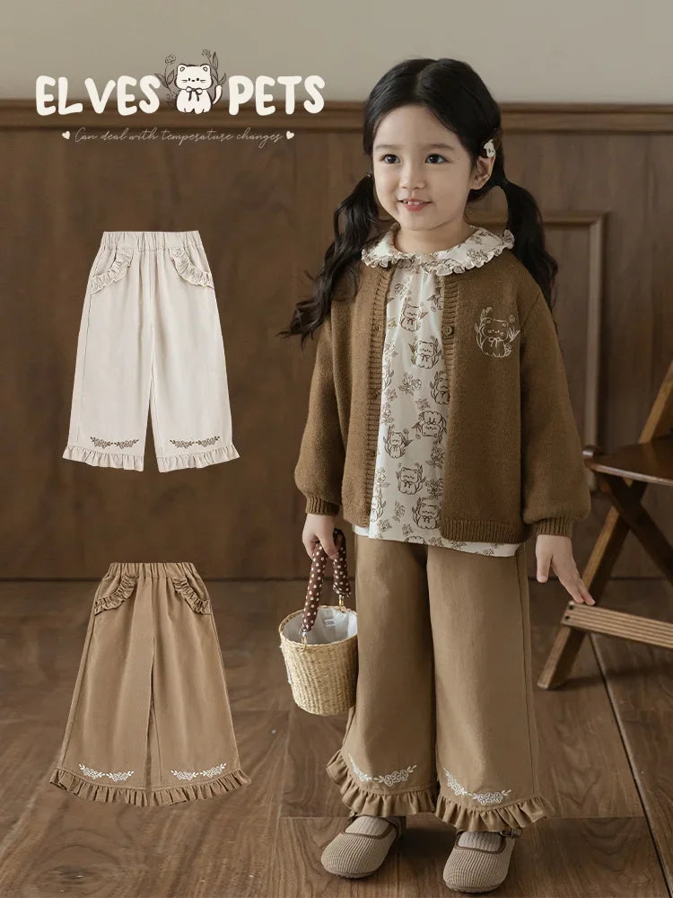 Girls' Two-color Embroidered Straight Leg Pants Autumn Playful Cute Lace Pockets Casual Pants Trendy