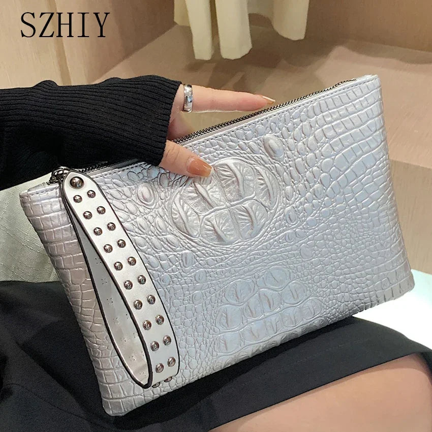 Rivet Clutches for Women 2021 Purses and Handbags Luxury Designer  Crocodile Pattern Pochette Femme Silver Bag Bolsos De Fiesta