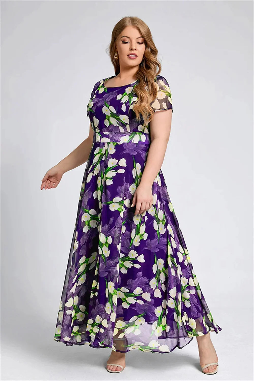 Plus Size Women Floral Printing Dress Short Sleeve Round Neck Chiffon A-line Female Elegant Fashion Summer Dresses 2025