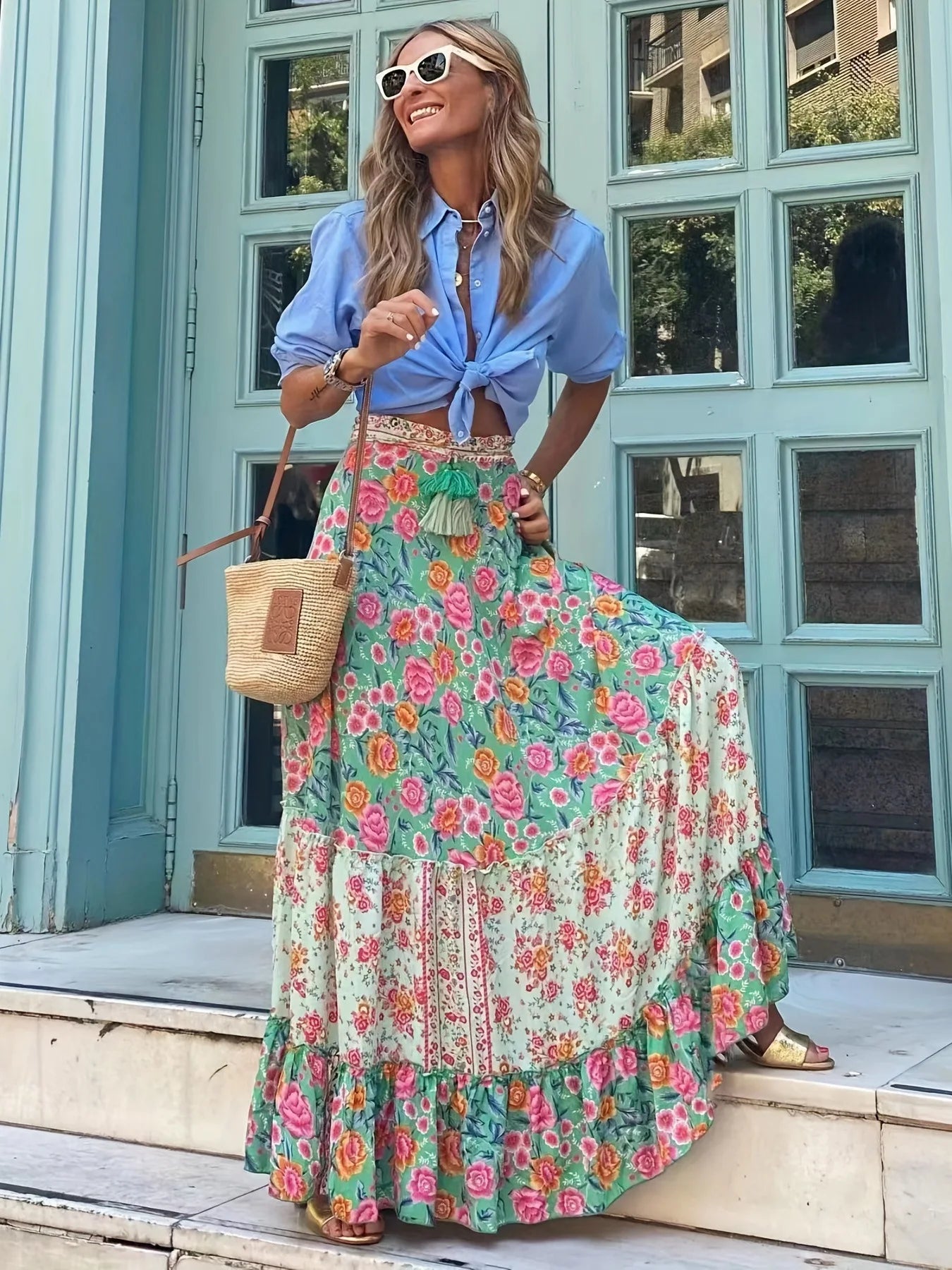Long Floral Printing Skirt Lady 2025 Summer Autumn Loose Casual Skirt Fashion Elastic Waist Beach Commuting Skirts Women Clothes
