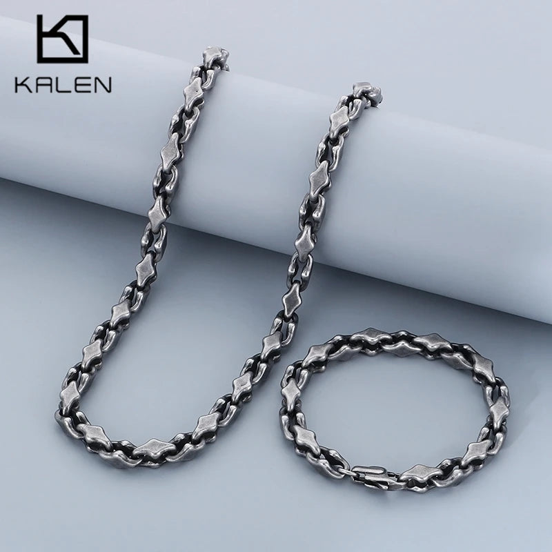 KALEN Vintage Rhombic Chain Bracelet Necklace for Men Women Punk Stainless Steel Jewelry Set Hollowing Chain Accessories Gift