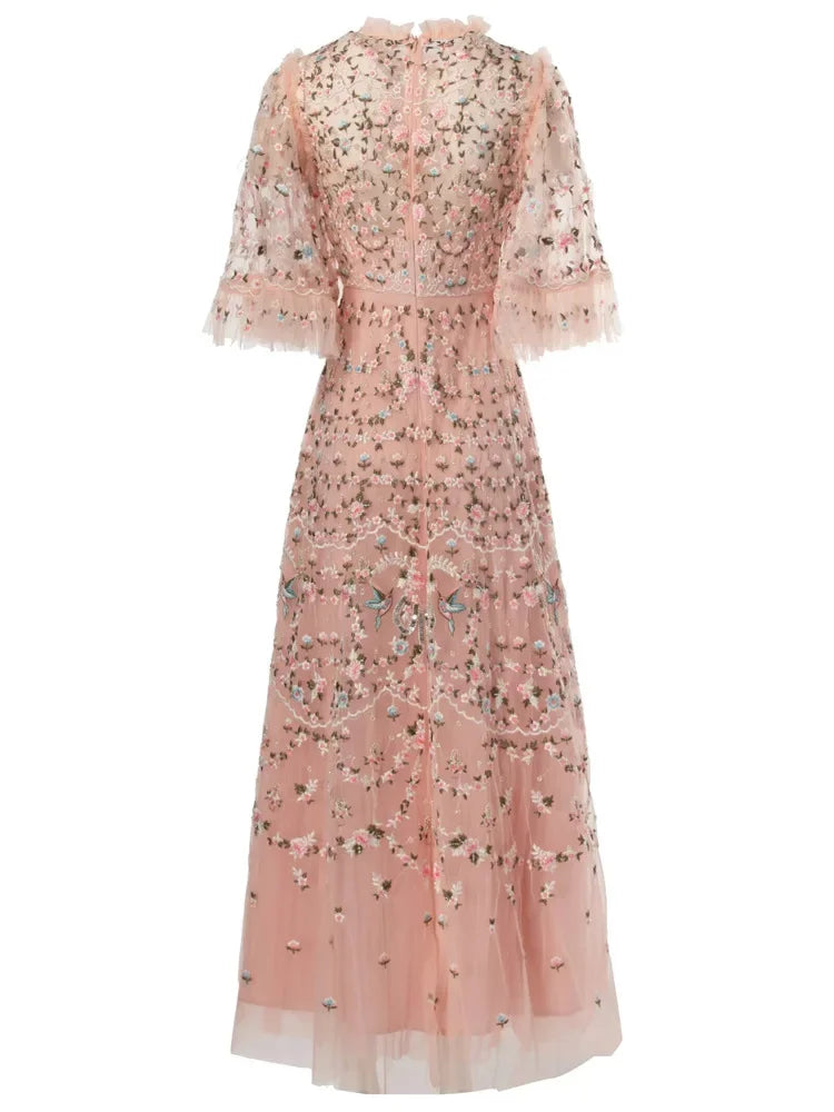 4xl 3xl 2xl Long Evening Dress Women Allover Luxurious Embroidery Flare Sleeve Long Black Grey Apricot Maxi Dress