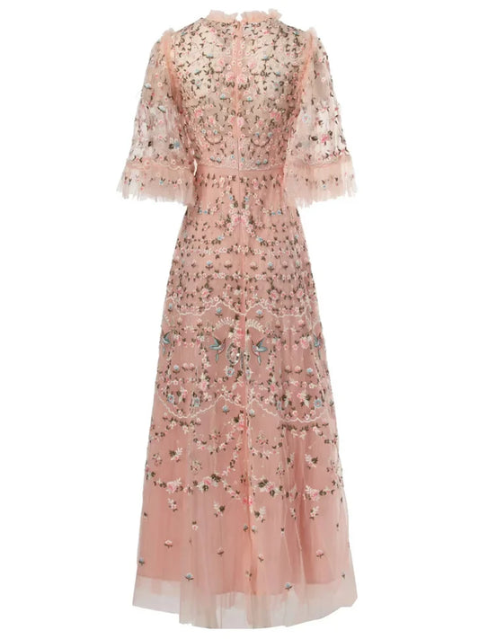 4xl 3xl 2xl Long Evening Dress Women Allover Luxurious Embroidery Flare Sleeve Long Black Grey Apricot Maxi Dress