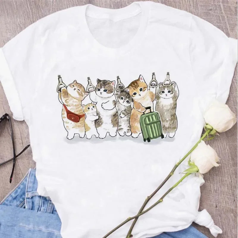 Cute Cats Printing Women T-shirts New Kawaii Women's Tops Fashion Women Clothing Funny Korean Style Creative Casual Clothes Tees