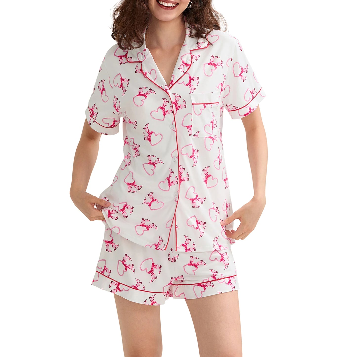 Women s Valentine s Day Lounge Set Short Sleeve Floral Heart Print Shirt Shorts Sleepwear Sets