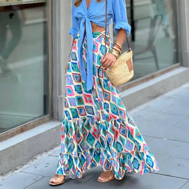 Long Floral Printing Skirt Lady 2025 Summer Autumn Loose Casual Skirt Fashion Elastic Waist Beach Commuting Skirts Women Clothes