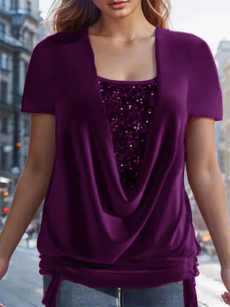 Sequin Blouse Women Luxurious Solid Color O Neck Short Sleeve Tops Lady Elegant Summer Party Clothing 3XL