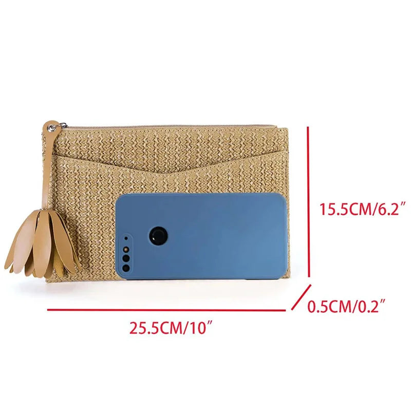 Straw Clutch Purses for Women Summer Beach Handbag Woven Purse Wicker Rattan Envelope Clutch for Wedding Zipper Messenger Bags